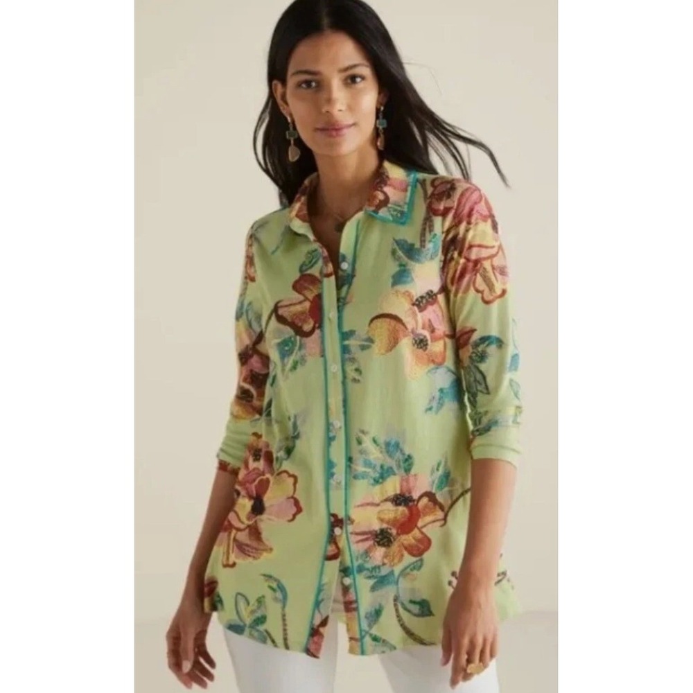 Soft Surroundings Elena Top Size M Green Floral Button Swiss Dot Tiered‎ Boho